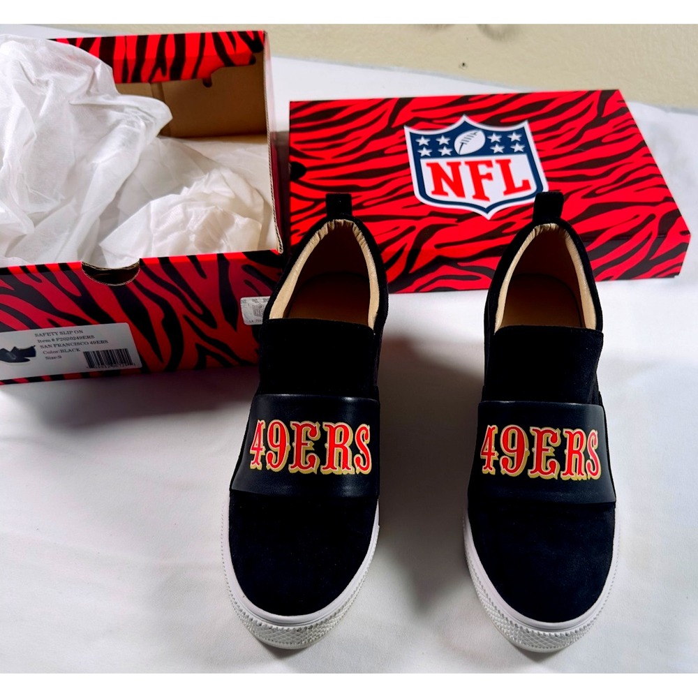 San Francisco 49ers Cuce Shoes Women 9 Safety Slip-On Black Wedge Sneakers